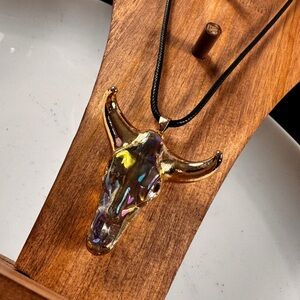 Gold and Iridescent Bull Skull Pendant Necklace